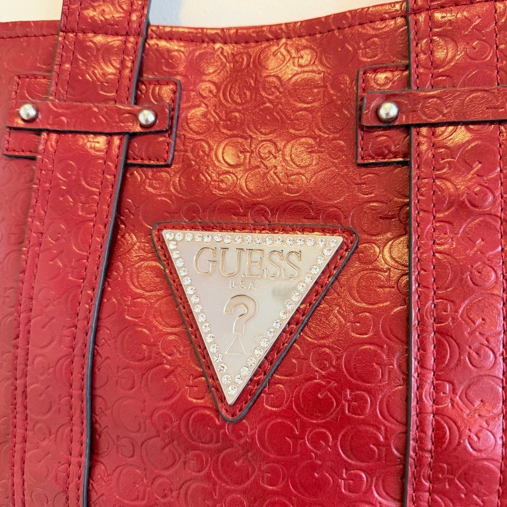 GUESS Y2K Burgundy Monogram Hand Bag Signature Silver Triangle Rhinestone Logo - Picture 4 of 15